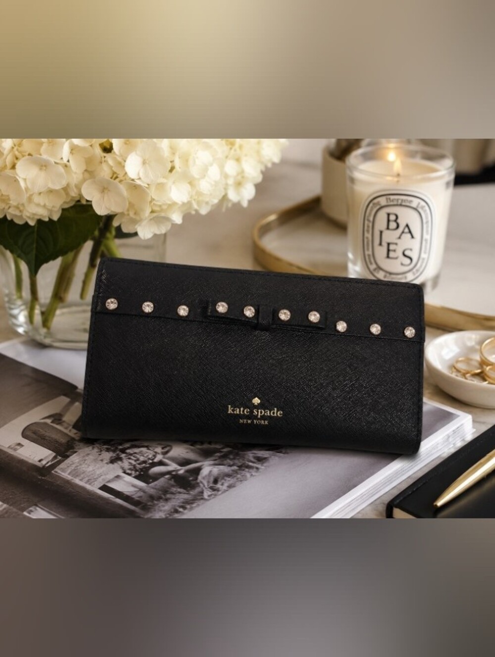 Kate Spade New York Black Leather Jeweled Bow Wallet